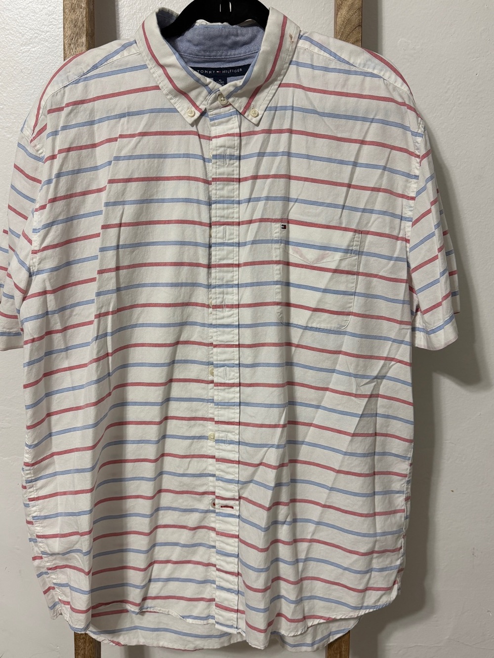 Tommy Hilfiger Men’s Short-Sleeve Button-Down Stripe Shirt - White/Red/Blue